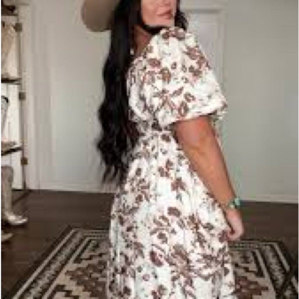 Floral White and Brown Dress - Picture 1 of 8